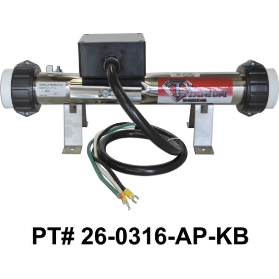 26-0316-AP-KB: Hot Tub Heater Replacement Assy, Replacement, 2.25"x15", 3.6kW, Titanium, w/Cord and Stands, Sundance/Jacuzzi